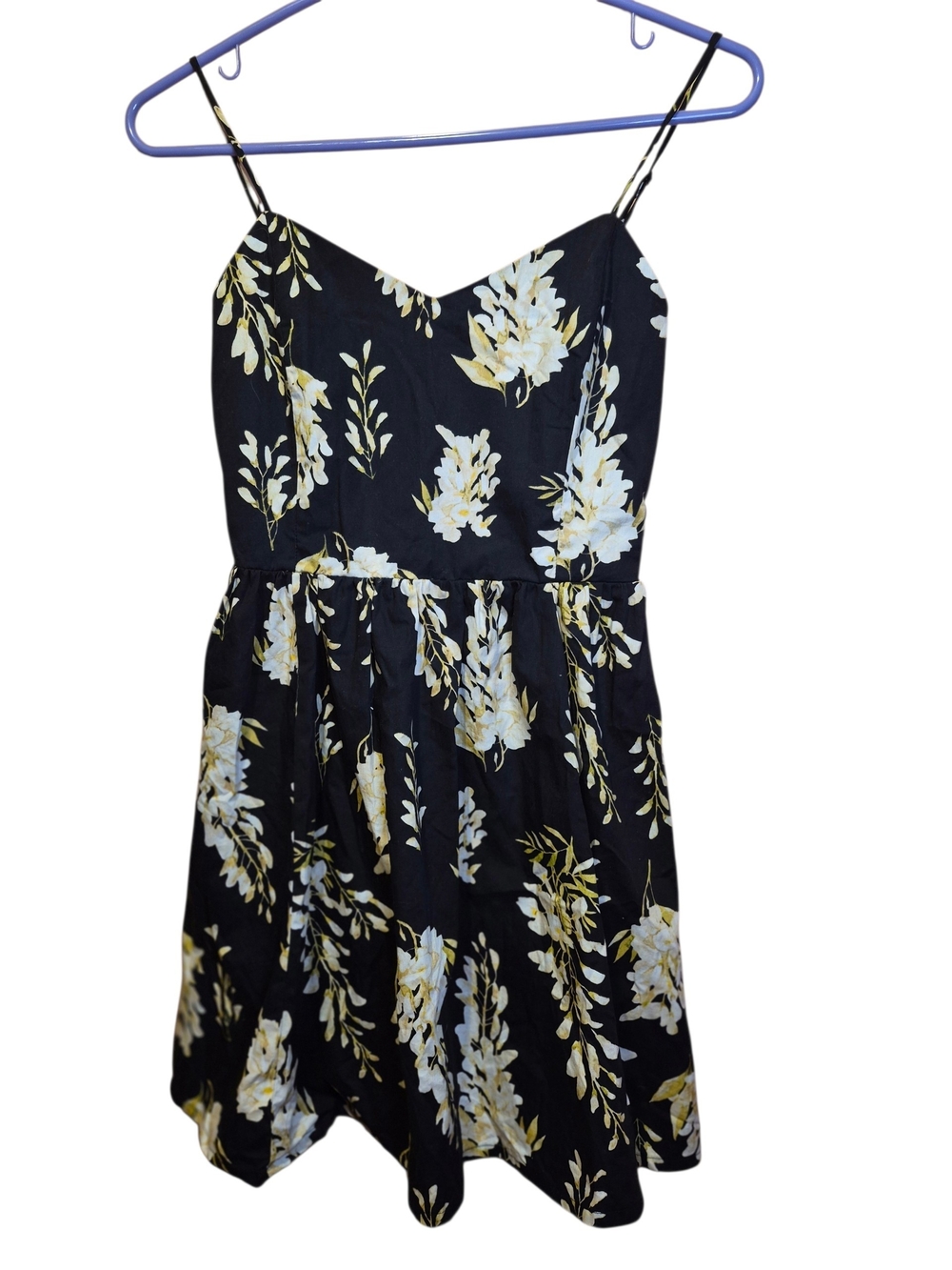 H&M Black Floral Spaghetti Strap Dress with Yellow and White Print